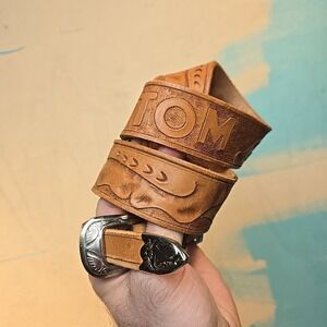 VTG Live Oak TOM Belt Name Tooled Leather Western 34 39x1.5 Brown Silver Tone 90